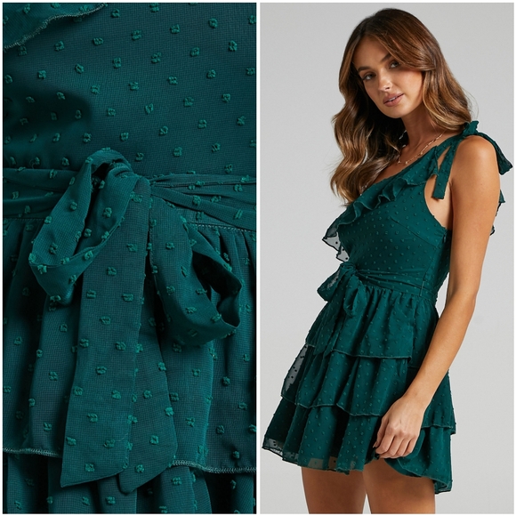 NWT BTFBM Green One Shoulder Tiered Frill Ruffle Swiss Dot Flowy Mini Dress L - Picture 8 of 10